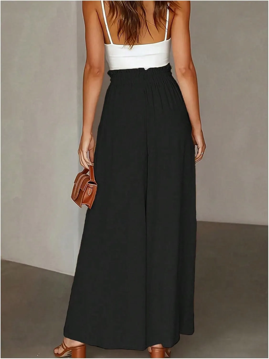 MakeMeChic Women's Paperbag Waist Wide Leg Pants Drawstring Tie Front Loose Fit Trousers