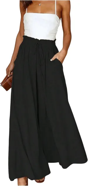 MakeMeChic Women's Paperbag Waist Wide Leg Pants Drawstring Tie Front Loose Fit Trousers