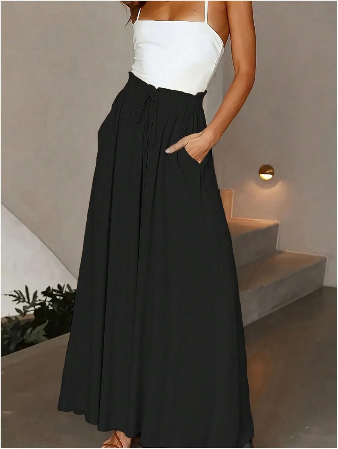 MakeMeChic Women's Paperbag Waist Wide Leg Pants Drawstring Tie Front Loose Fit Trousers
