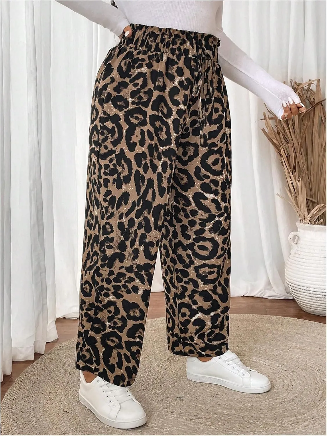 MakeMeChic Women's Plus Size Casual Paperbag Waist Pants Drawstring Front High Waist Ruffle Trim Tapered Pants