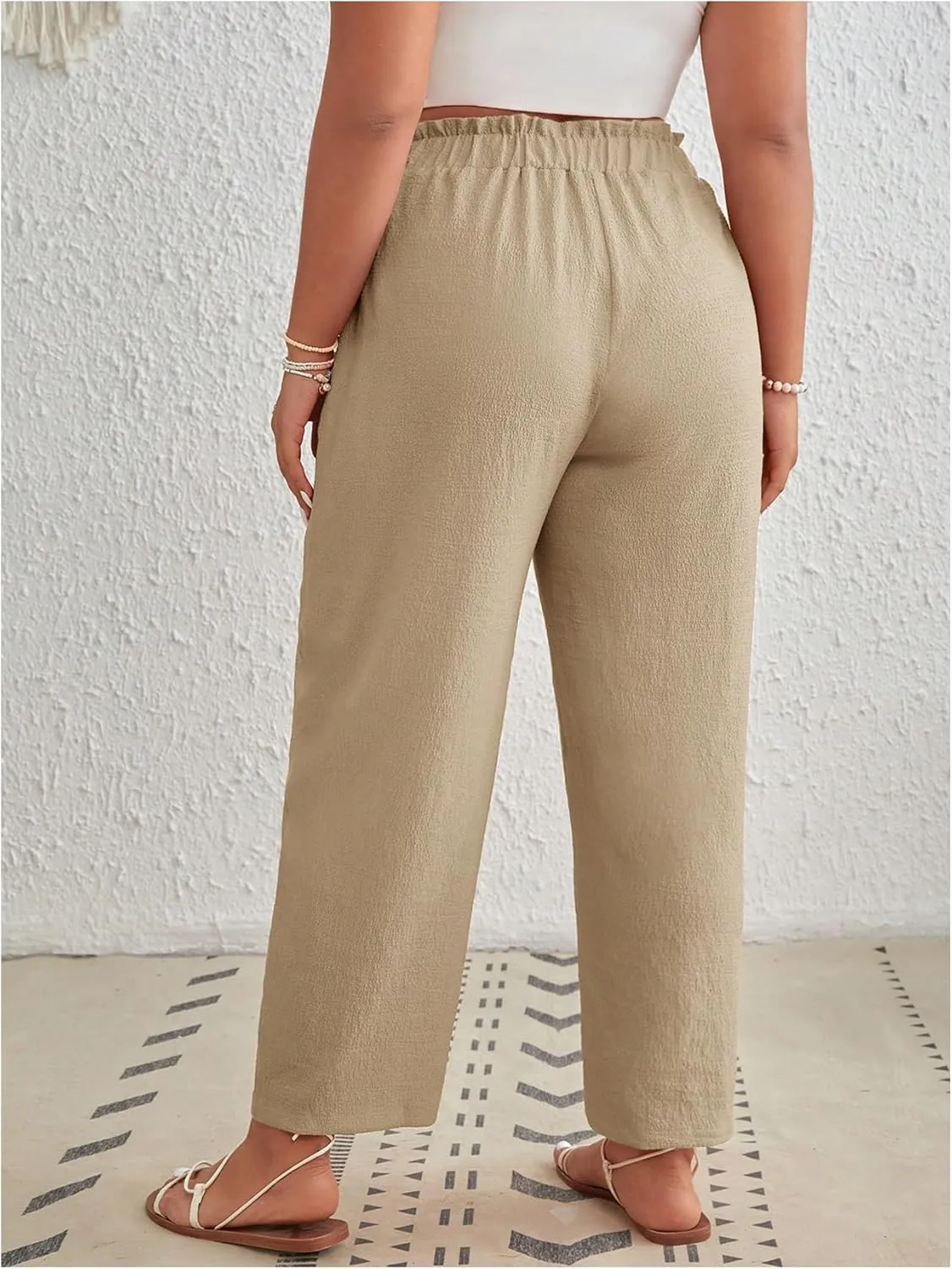 MakeMeChic Women's Plus Size Casual Paperbag Waist Pants Drawstring Front High Waist Ruffle Trim Tapered Pants