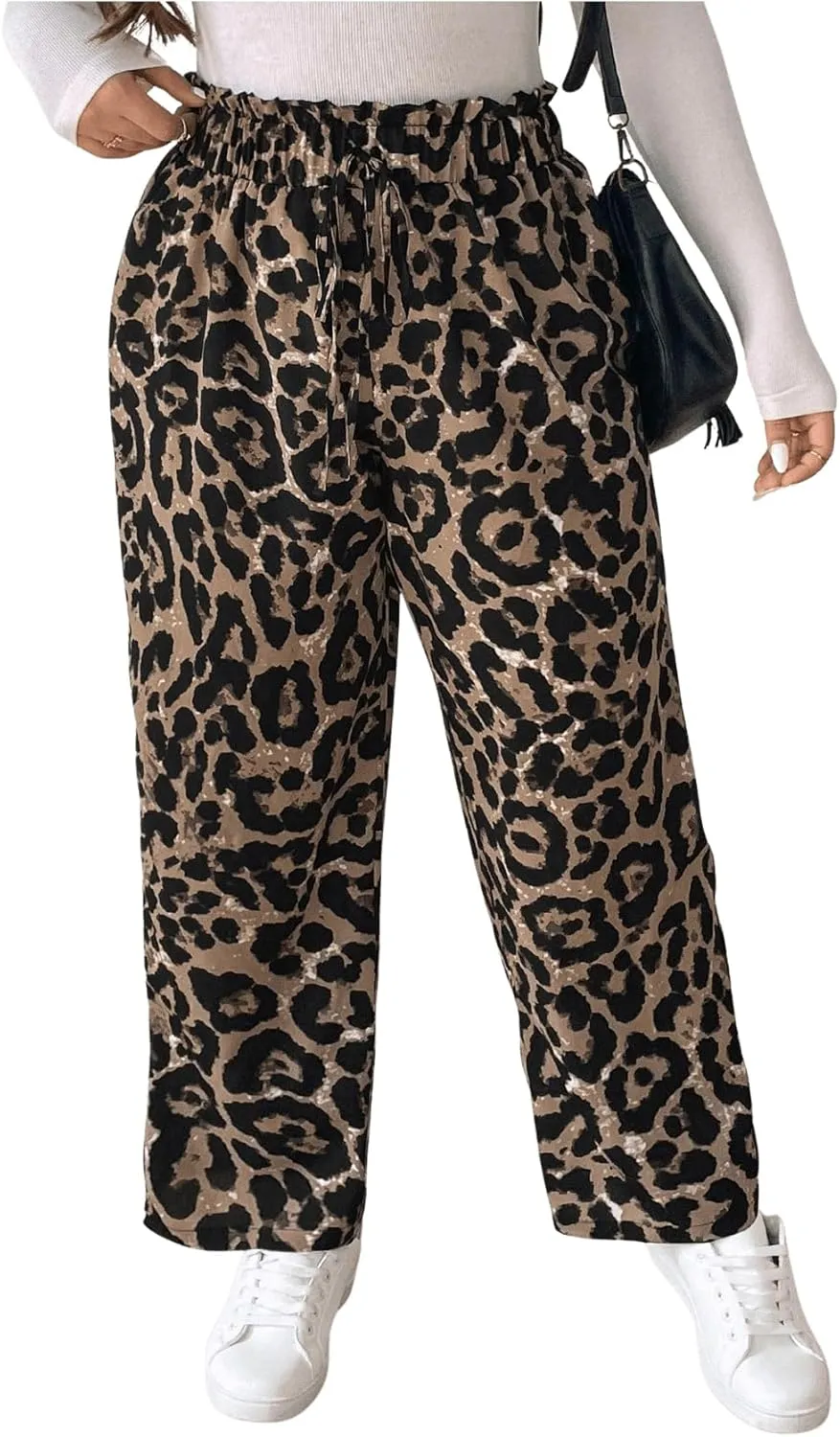MakeMeChic Women's Plus Size Casual Paperbag Waist Pants Drawstring Front High Waist Ruffle Trim Tapered Pants