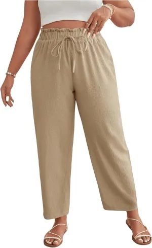 MakeMeChic Women's Plus Size Casual Paperbag Waist Pants Drawstring Front High Waist Ruffle Trim Tapered Pants