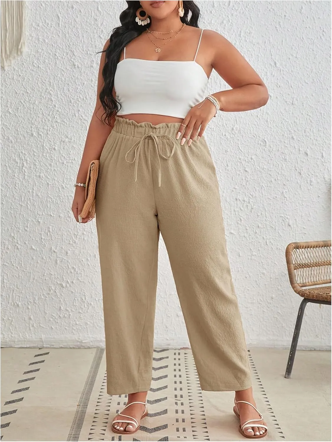 MakeMeChic Women's Plus Size Casual Paperbag Waist Pants Drawstring Front High Waist Ruffle Trim Tapered Pants