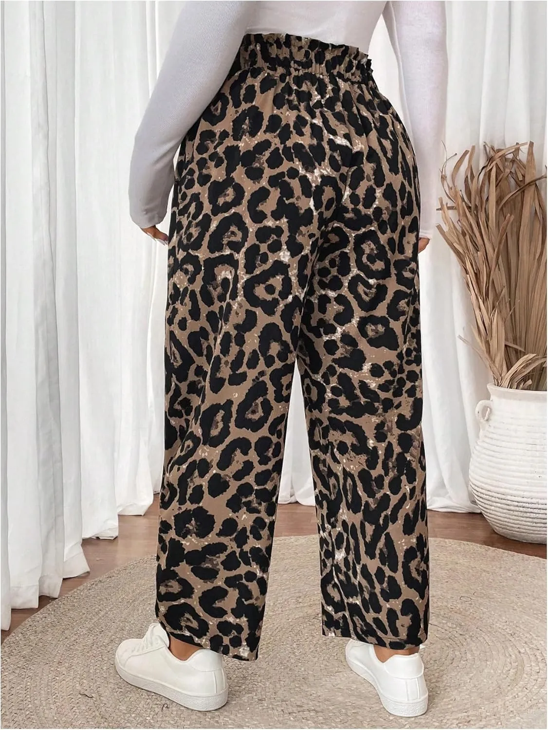 MakeMeChic Women's Plus Size Casual Paperbag Waist Pants Drawstring Front High Waist Ruffle Trim Tapered Pants