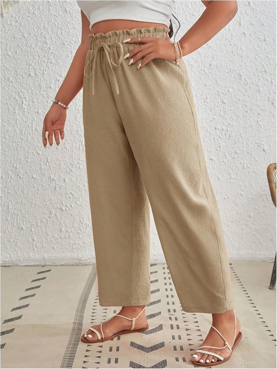 MakeMeChic Women's Plus Size Casual Paperbag Waist Pants Drawstring Front High Waist Ruffle Trim Tapered Pants