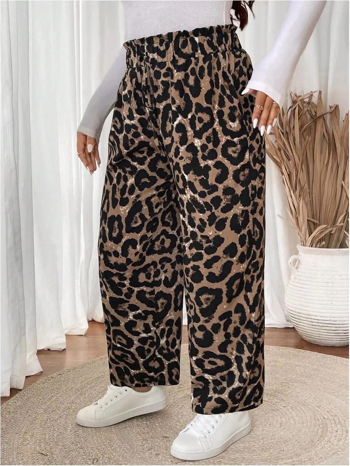 MakeMeChic Women's Plus Size Casual Paperbag Waist Pants Drawstring Front High Waist Ruffle Trim Tapered Pants