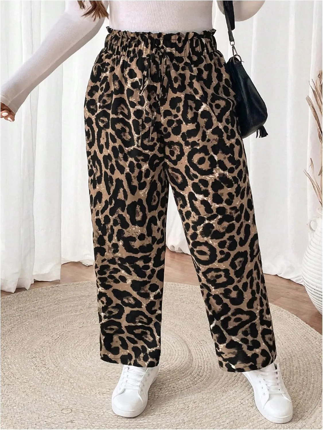 MakeMeChic Women's Plus Size Casual Paperbag Waist Pants Drawstring Front High Waist Ruffle Trim Tapered Pants