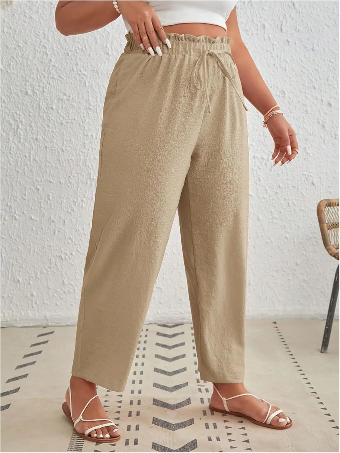 MakeMeChic Women's Plus Size Casual Paperbag Waist Pants Drawstring Front High Waist Ruffle Trim Tapered Pants