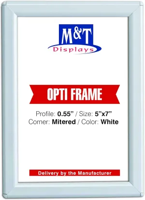 M&T Displays Opti Snap Poster Frame 5x7 Inch with Back Support 0.55" Aluminum Profile Front Loading Wall Mounting Photo Picture Document Certificate Sign Holder Mitered Corner Anti Glare Cover (White)