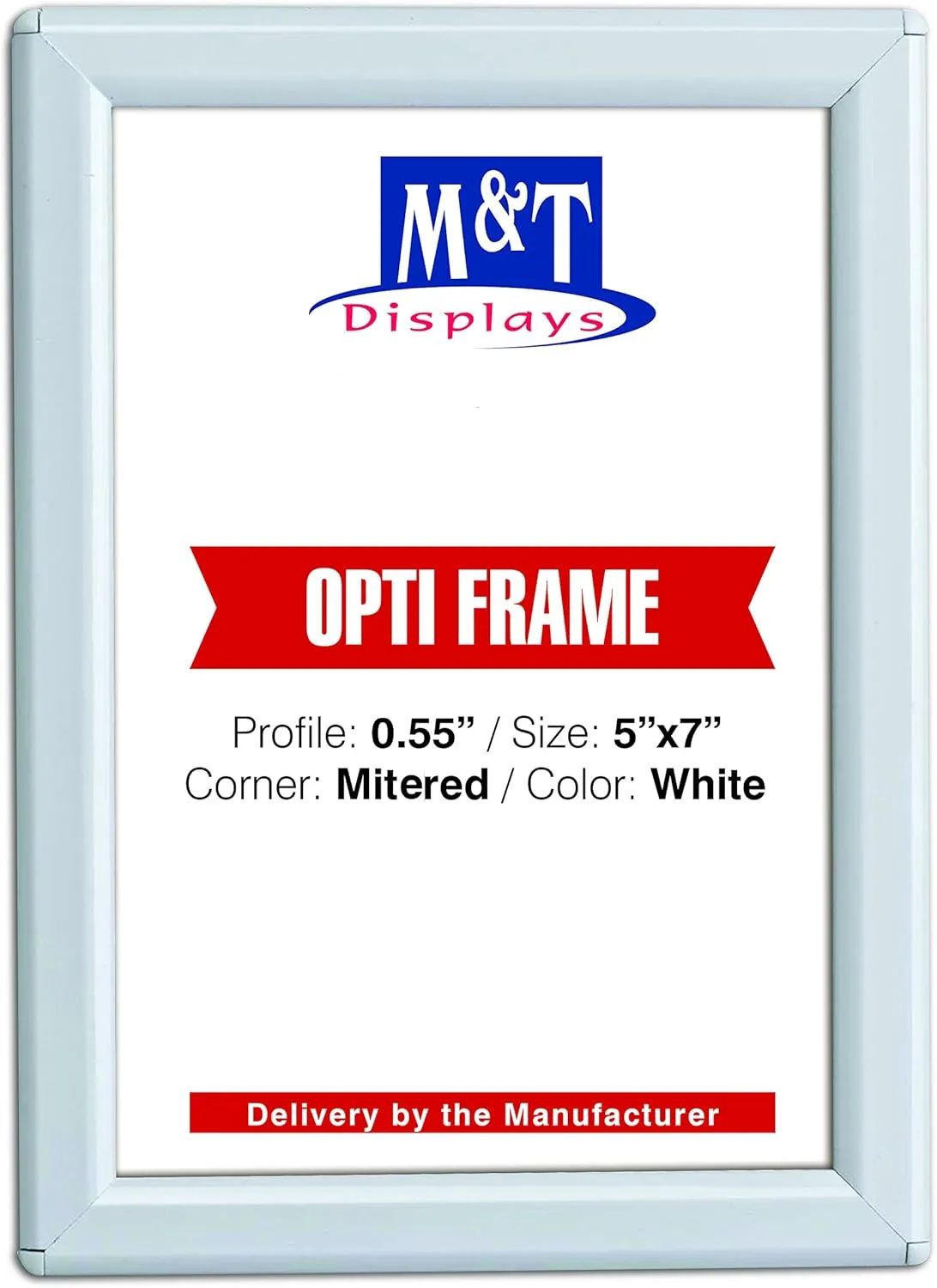 M&T Displays Opti Snap Poster Frame 5x7 Inch with Back Support 0.55" Aluminum Profile Front Loading Wall Mounting Photo Picture Document Certificate Sign Holder Mitered Corner Anti Glare Cover (White)