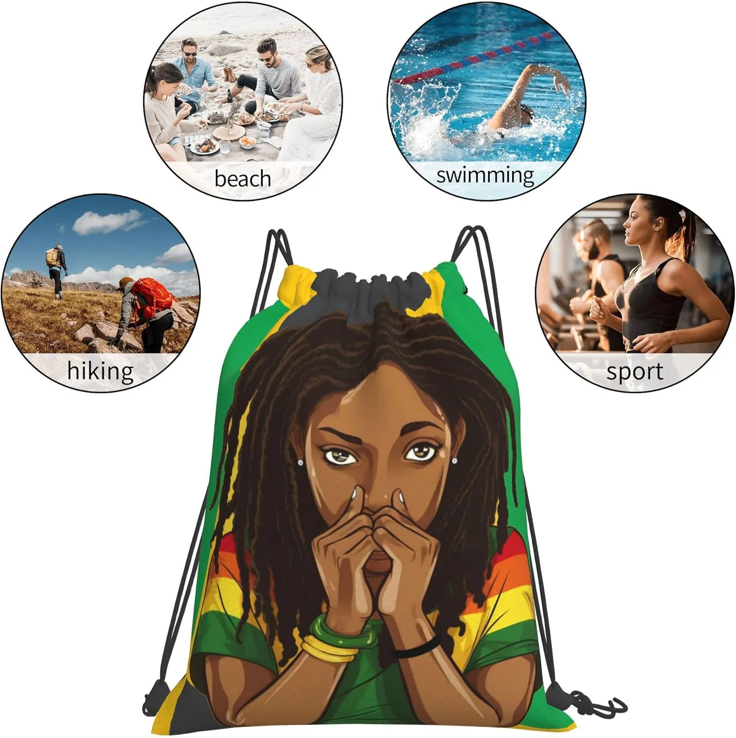 Man and Women Drawstring Backpack Waterproof Gym Sports Trave String Bag Cheer Bag Jamaican Afro Rasta（Girl 5pcs）