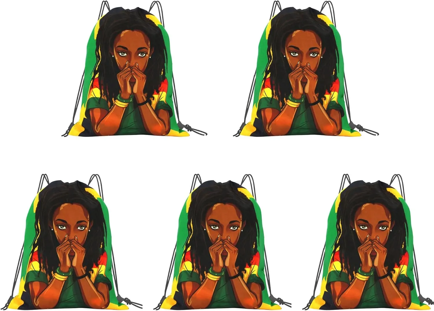 Man and Women Drawstring Backpack Waterproof Gym Sports Trave String Bag Cheer Bag Jamaican Afro Rasta（Girl 5pcs）