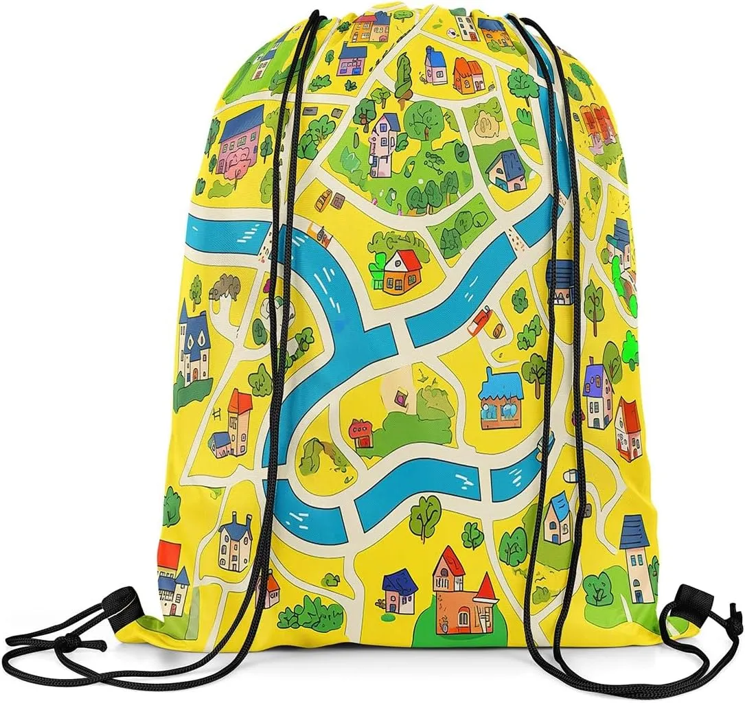 Manfei Rustic Countryside Drawstring Backpack,Suburb House Tree River Hand Graffiti Drawstring Bag,Yellow Nature Roadway Landscape Draw String Bag Gym Packs Large Capacity,Lightweight