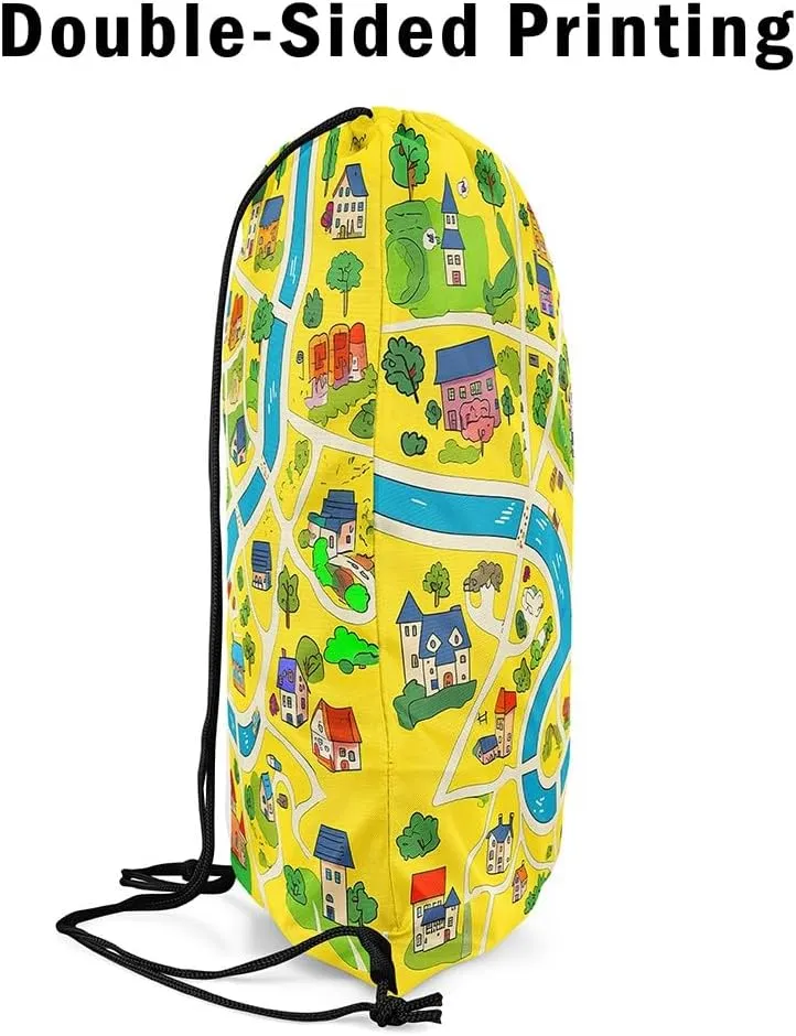 Manfei Rustic Countryside Drawstring Backpack,Suburb House Tree River Hand Graffiti Drawstring Bag,Yellow Nature Roadway Landscape Draw String Bag Gym Packs Large Capacity,Lightweight