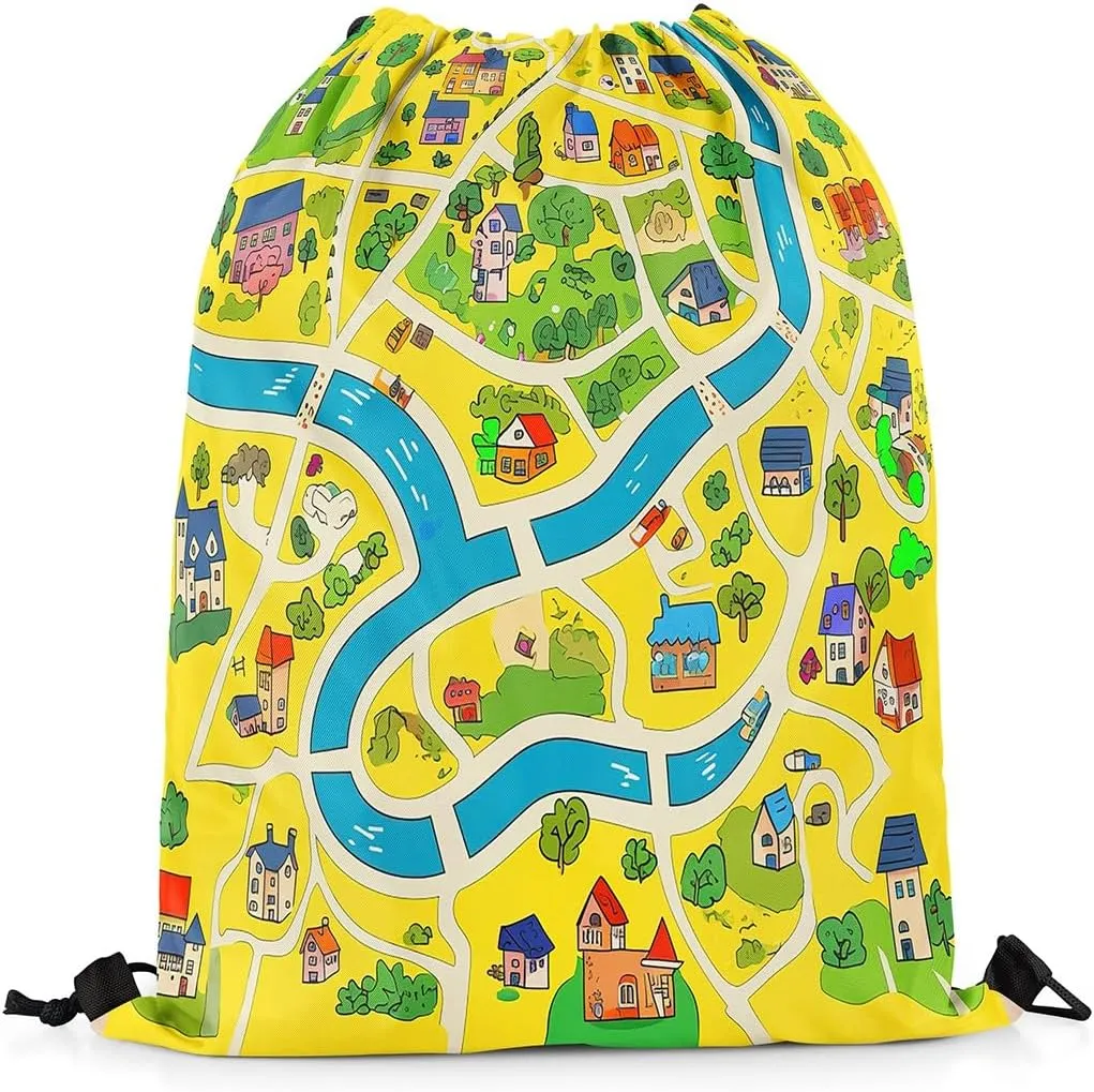 Manfei Rustic Countryside Drawstring Backpack,Suburb House Tree River Hand Graffiti Drawstring Bag,Yellow Nature Roadway Landscape Draw String Bag Gym Packs Large Capacity,Lightweight