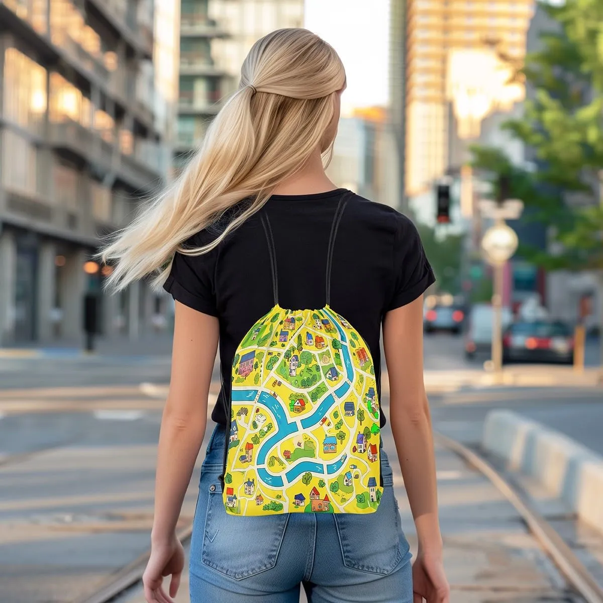 Manfei Rustic Countryside Drawstring Backpack,Suburb House Tree River Hand Graffiti Drawstring Bag,Yellow Nature Roadway Landscape Draw String Bag Gym Packs Large Capacity,Lightweight