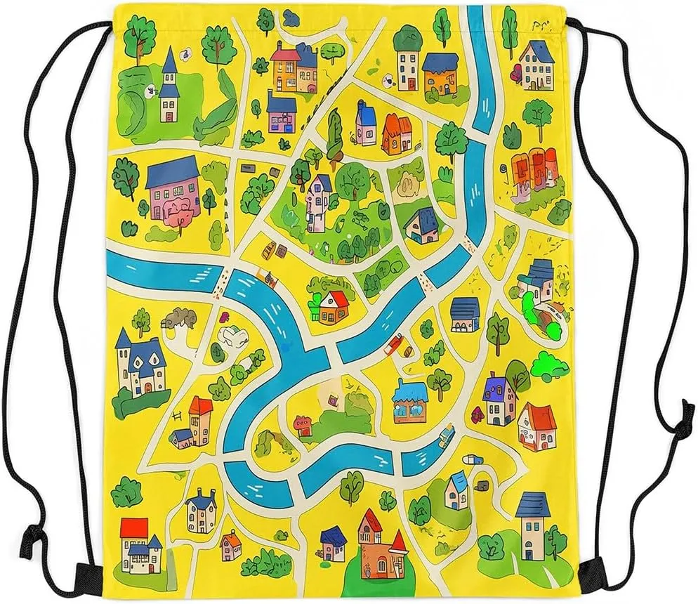 Manfei Rustic Countryside Drawstring Backpack,Suburb House Tree River Hand Graffiti Drawstring Bag,Yellow Nature Roadway Landscape Draw String Bag Gym Packs Large Capacity,Lightweight