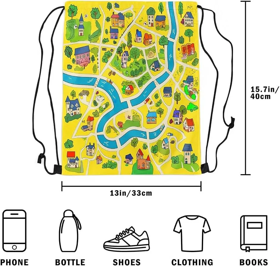 Manfei Rustic Countryside Drawstring Backpack,Suburb House Tree River Hand Graffiti Drawstring Bag,Yellow Nature Roadway Landscape Draw String Bag Gym Packs Large Capacity,Lightweight
