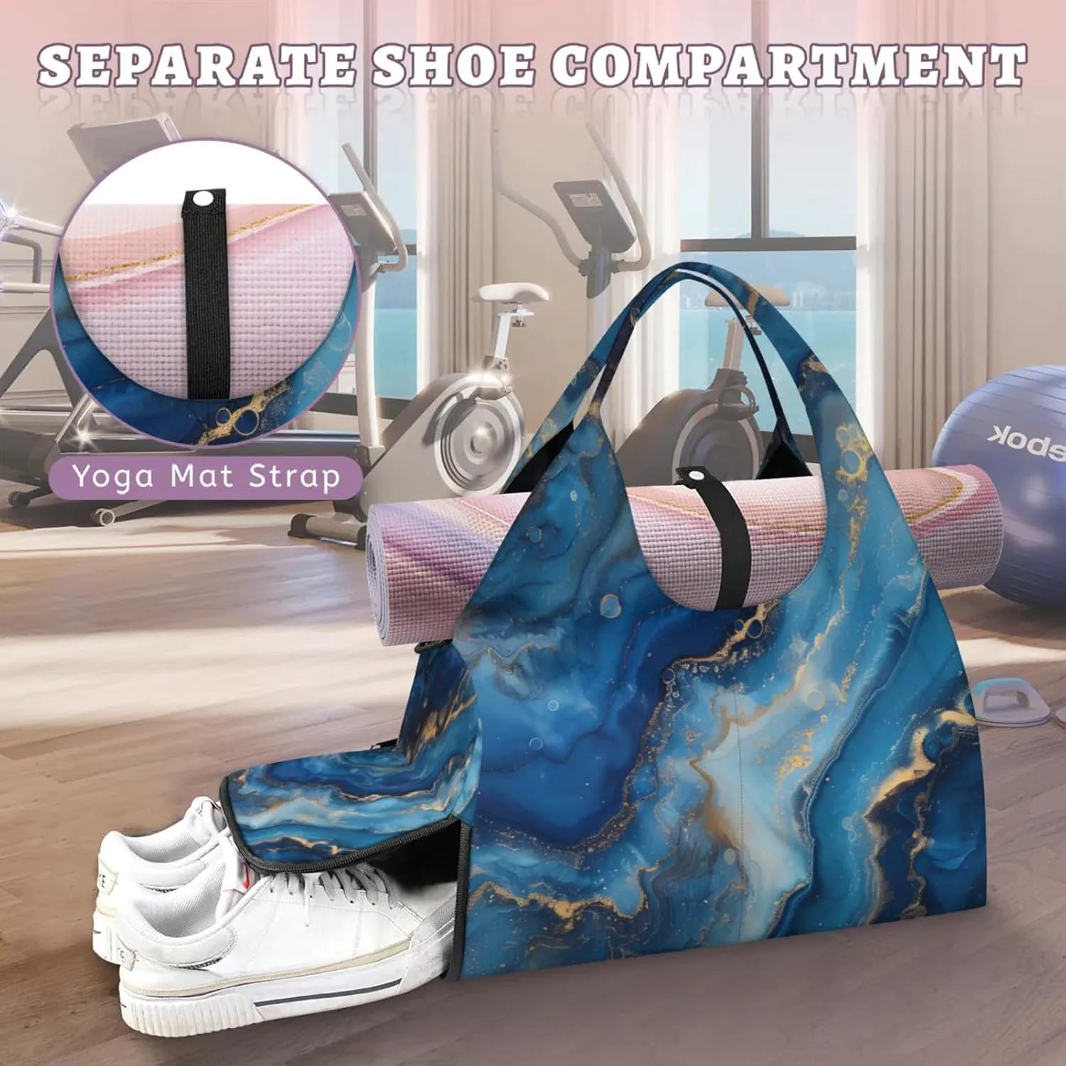 Marble Pattern Paper Gym Bag Yoga Mat Tote for Women with Shoes Compartment Lightweight Duffle Travel Carrier Wet Dry Storage Pockets Adjustable Pilates Mats Shoulder Bags for Sport Swim