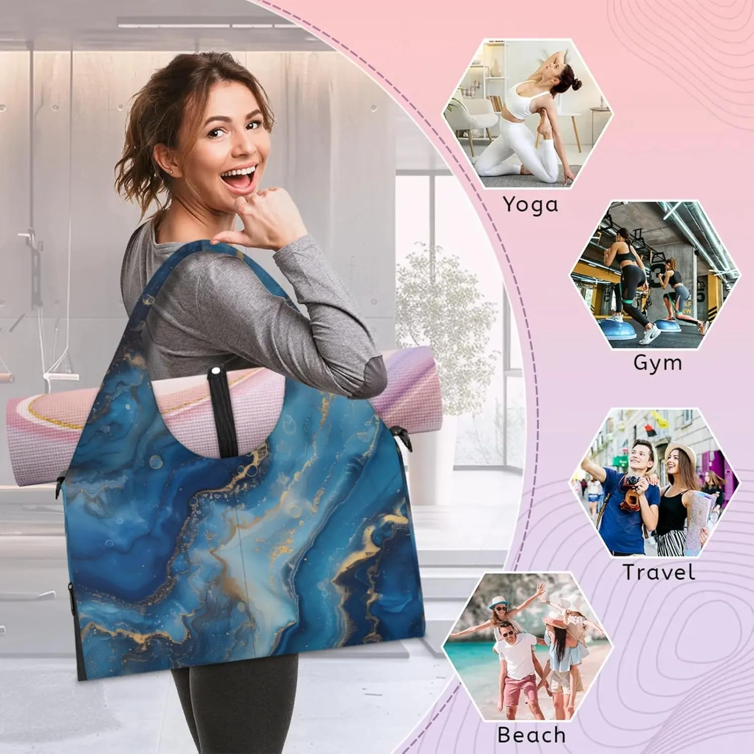 Marble Pattern Paper Gym Bag Yoga Mat Tote for Women with Shoes Compartment Lightweight Duffle Travel Carrier Wet Dry Storage Pockets Adjustable Pilates Mats Shoulder Bags for Sport Swim