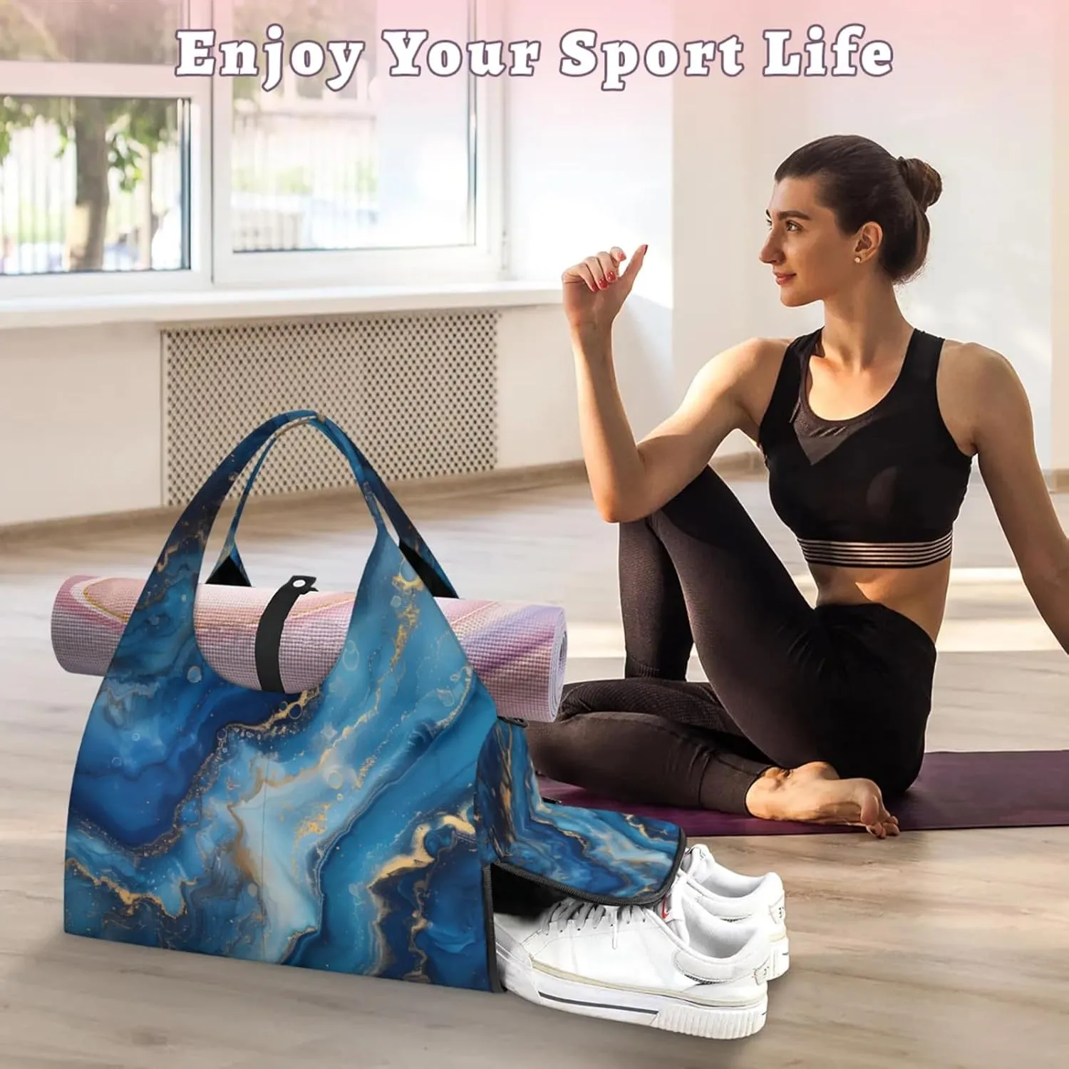 Marble Pattern Paper Gym Bag Yoga Mat Tote for Women with Shoes Compartment Lightweight Duffle Travel Carrier Wet Dry Storage Pockets Adjustable Pilates Mats Shoulder Bags for Sport Swim