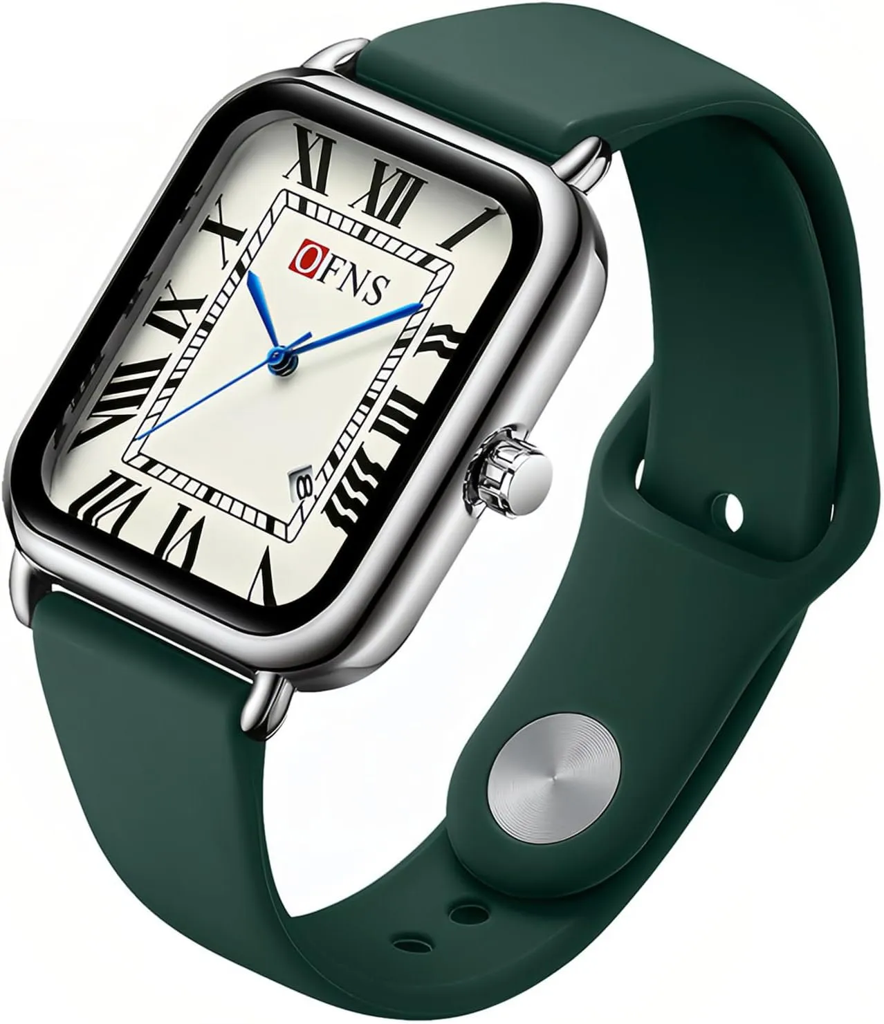 MASTOP Men's and Women's Watch Retro Vintage Square Quartz Analog Rubber Watch Silver Tone Case Crocodile Pattern Brown Leather Rectangle Business Casual Dress Wrist Watch (Silver, Green Rubber)