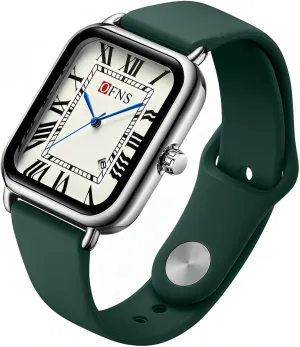 MASTOP Men's and Women's Watch Retro Vintage Square Quartz Analog Rubber Watch Silver Tone Case Crocodile Pattern Brown Leather Rectangle Business Casual Dress Wrist Watch (Silver, Green Rubber)