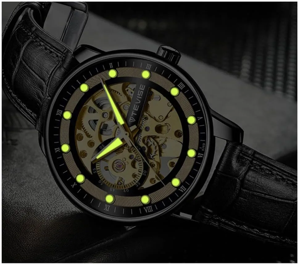 MASTOP Mens Mechanical Automatic Watches Retro Hollow Design Leather Business Men Analog Watches