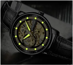 MASTOP Mens Mechanical Automatic Watches Retro Hollow Design Leather Business Men Analog Watches