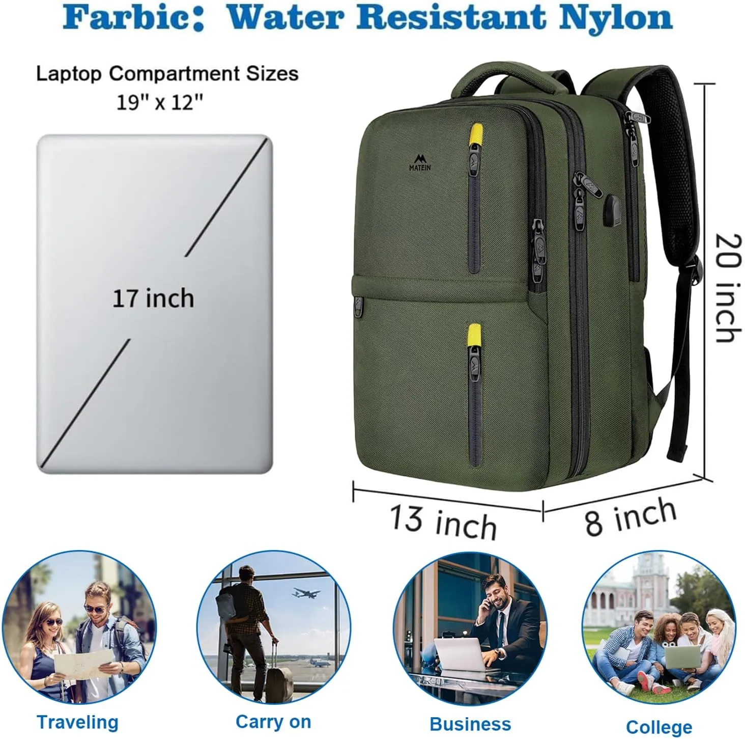 MATEIN Carry on Backpack, Extra Large 40L Travel Laptop Backpack Airplane Approved Weekender Bag for 17 Inch Computer, Water Resistant Overnight Luggage Daypack Business Anti-Theft Travel Bag, Green