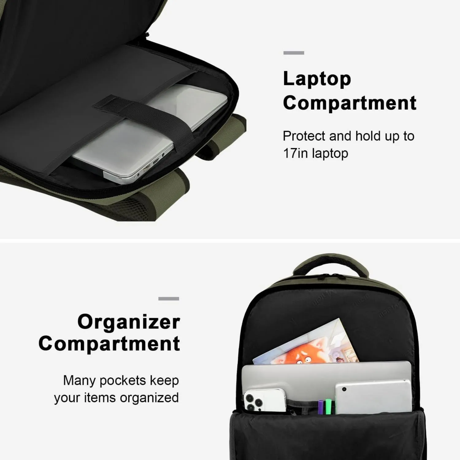 MATEIN Carry on Backpack, Extra Large 40L Travel Laptop Backpack Airplane Approved Weekender Bag for 17 Inch Computer, Water Resistant Overnight Luggage Daypack Business Anti-Theft Travel Bag, Green