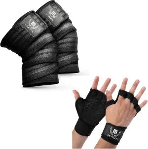 Mava Sports Knee Wraps with Elastic Support and Ventilated Workout Gloves with Integrated Wrist Wraps and Full Palm Silicone Padding for Men & Women