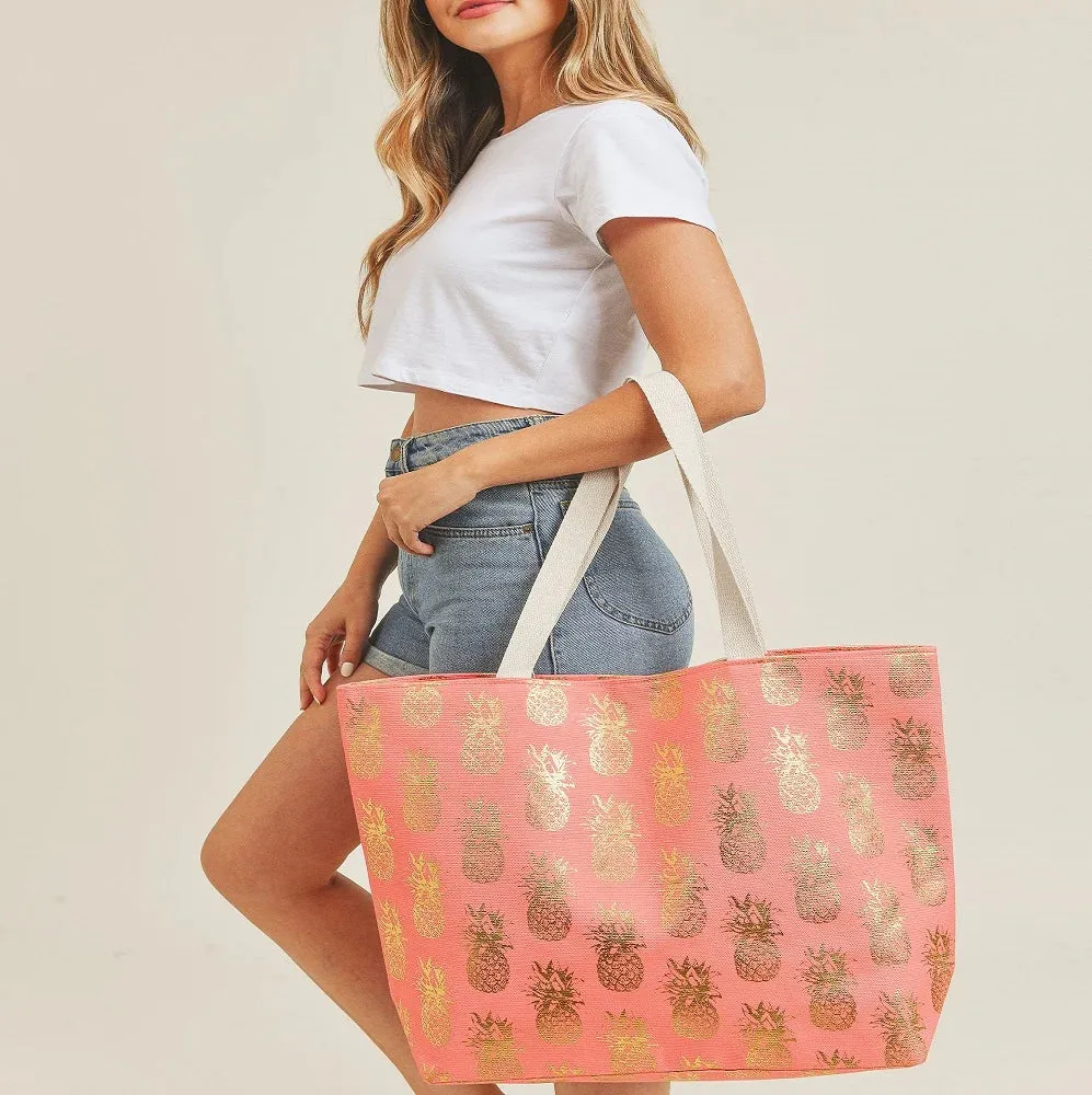 MB0134 Gold Foil Pineapple Beach Tote Bag