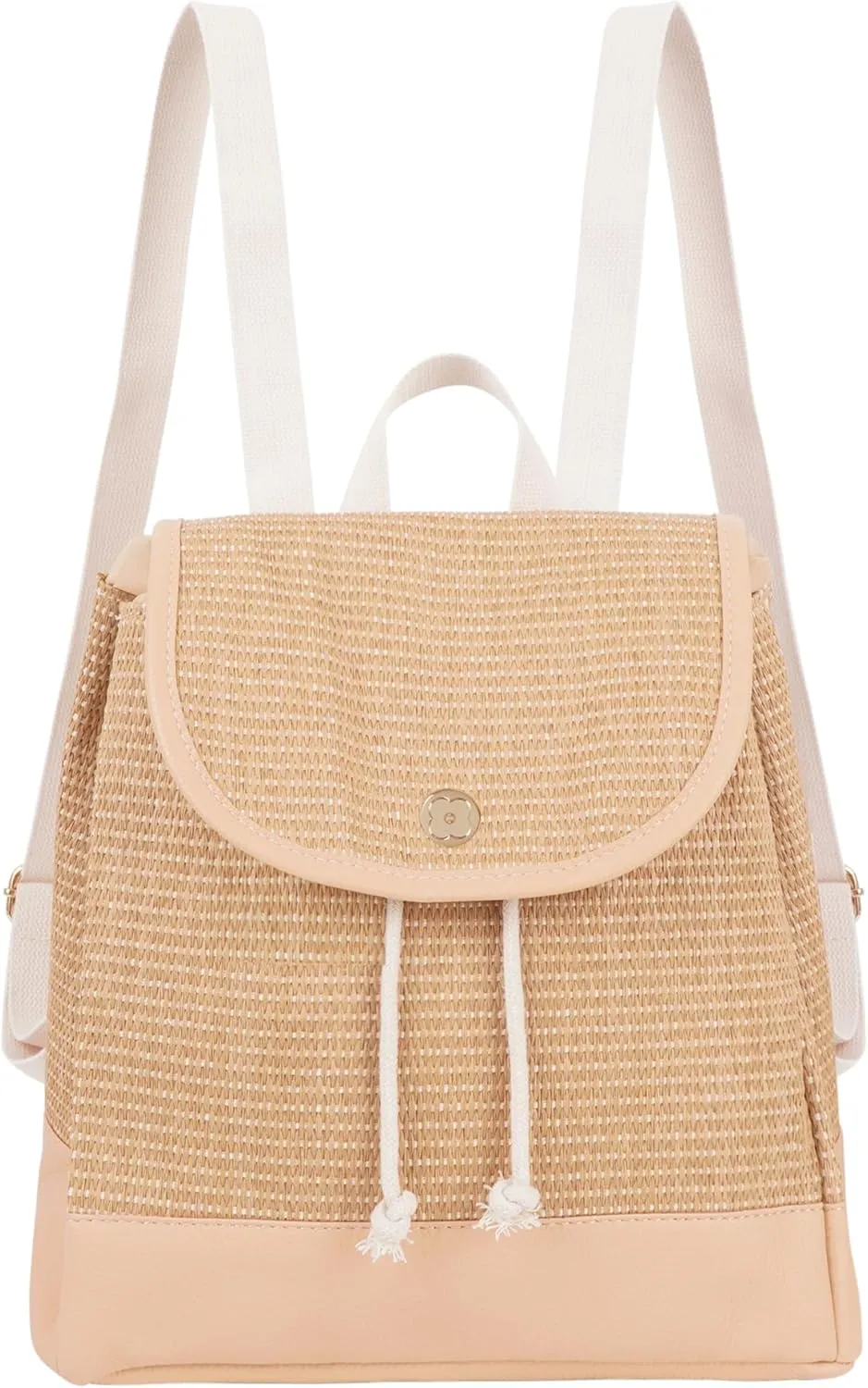 Medium Women Straw Woven Backpack Flap Drawstring Daypack Beach Shoulders Bag