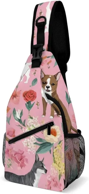 Men & Women Outdoor Sport Daypack Travel Bag, Chihuahua Dog Cute Pink Floral Art Sling Backpack Rucksack for Travel Hiking - Small Tool Backpack Bag Rucksack