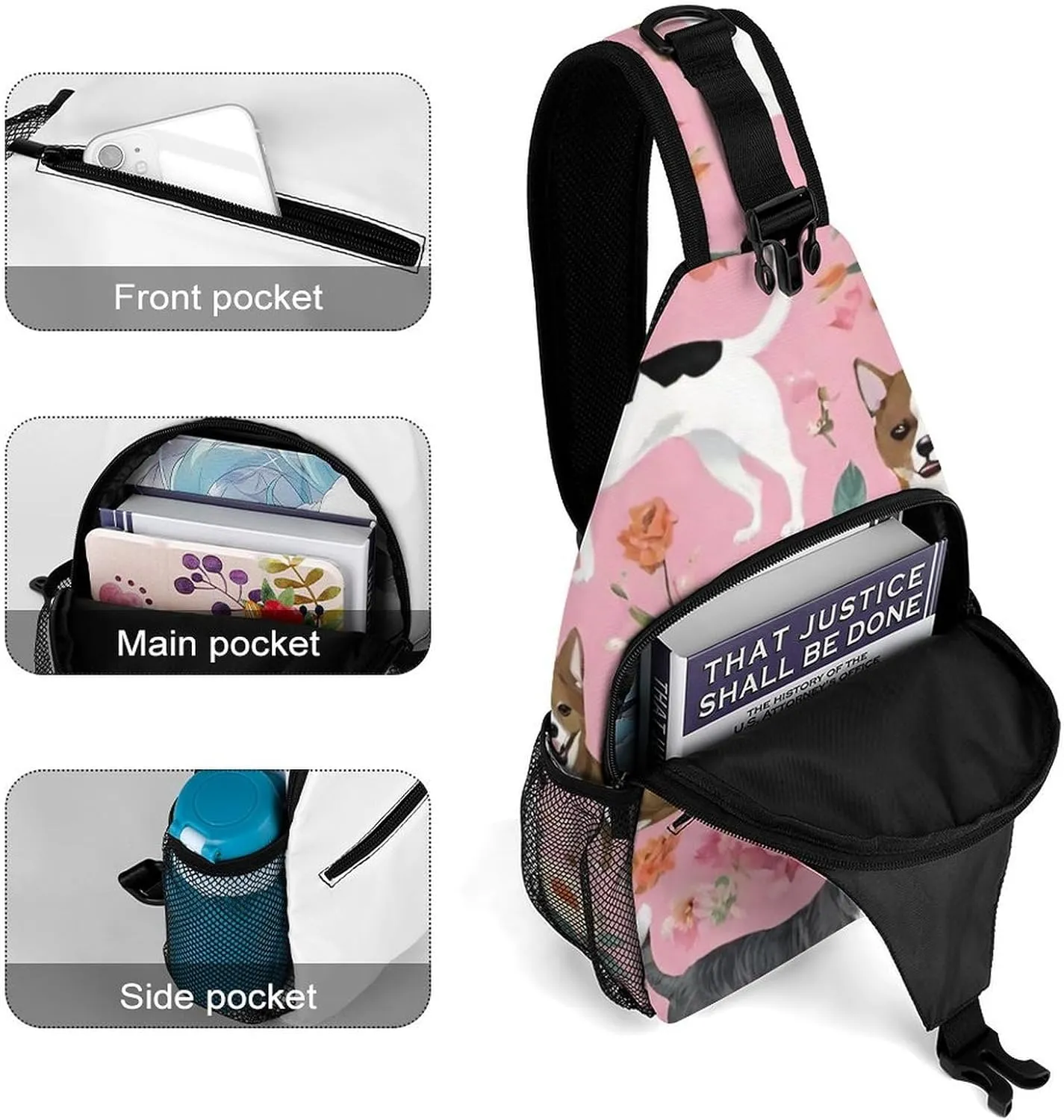 Men & Women Outdoor Sport Daypack Travel Bag, Chihuahua Dog Cute Pink Floral Art Sling Backpack Rucksack for Travel Hiking - Small Tool Backpack Bag Rucksack