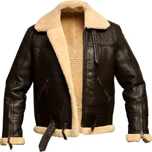Men RAF Aviator Brown Bomber Real Shearling Sheepskin Leather Jacket
