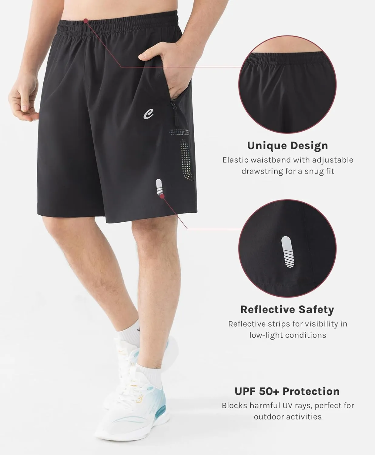 Men's 7" Quick-Dry Hiking Shorts UPF50  Reflective, Lightweight 3 Zipper Pockets Stretch for Running Gym Outdoor