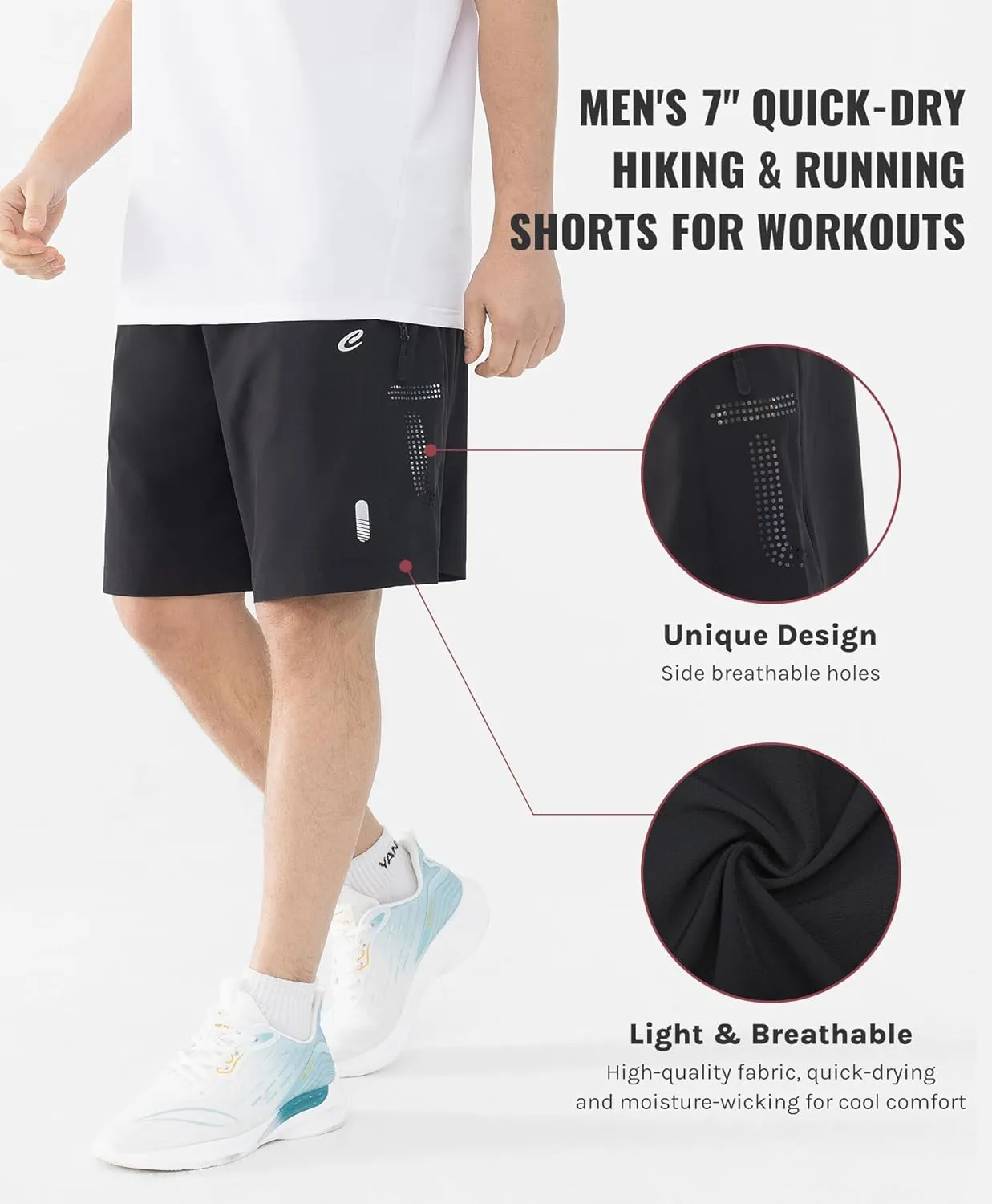 Men's 7" Quick-Dry Hiking Shorts UPF50  Reflective, Lightweight 3 Zipper Pockets Stretch for Running Gym Outdoor