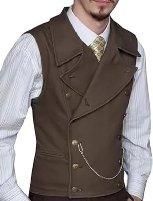 Mens Double Breasted Suit Vest Classic Suede Leather Waistcoat with Big Lapel for Wedding Groomsmen