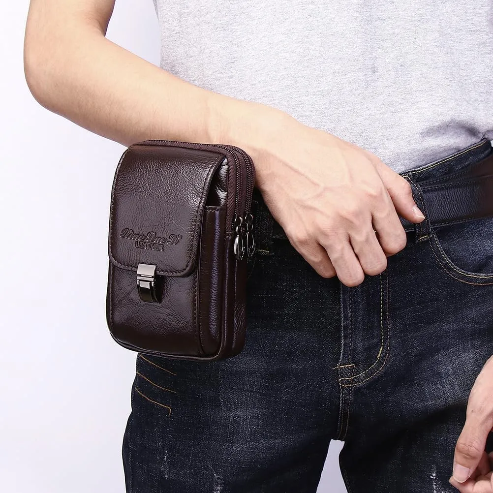Men's Genuine Leather Waist Bag Belt Pouch Purse for Men Security Purse S Size Vertical Coffee