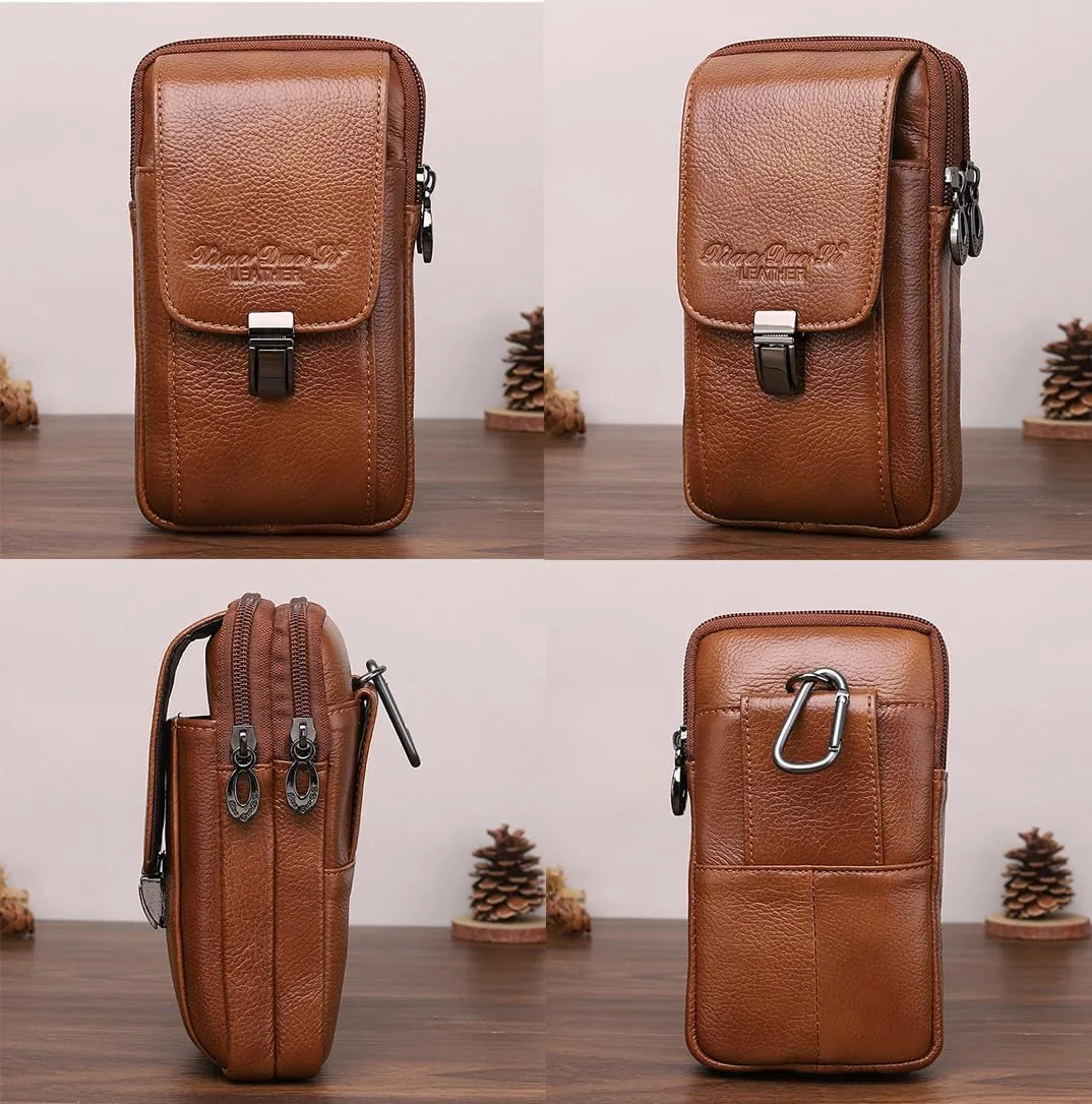 Men's Genuine Leather Waist Bag Belt Pouch Purse for Men Security Purse S Size Vertical Coffee