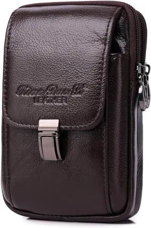 Men's Genuine Leather Waist Bag Belt Pouch Purse for Men Security Purse S Size Vertical Coffee