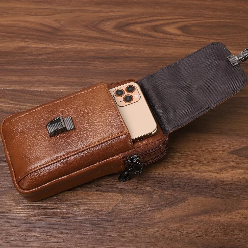 Men's Genuine Leather Waist Bag Belt Pouch Purse for Men Security Purse S Size Vertical Coffee