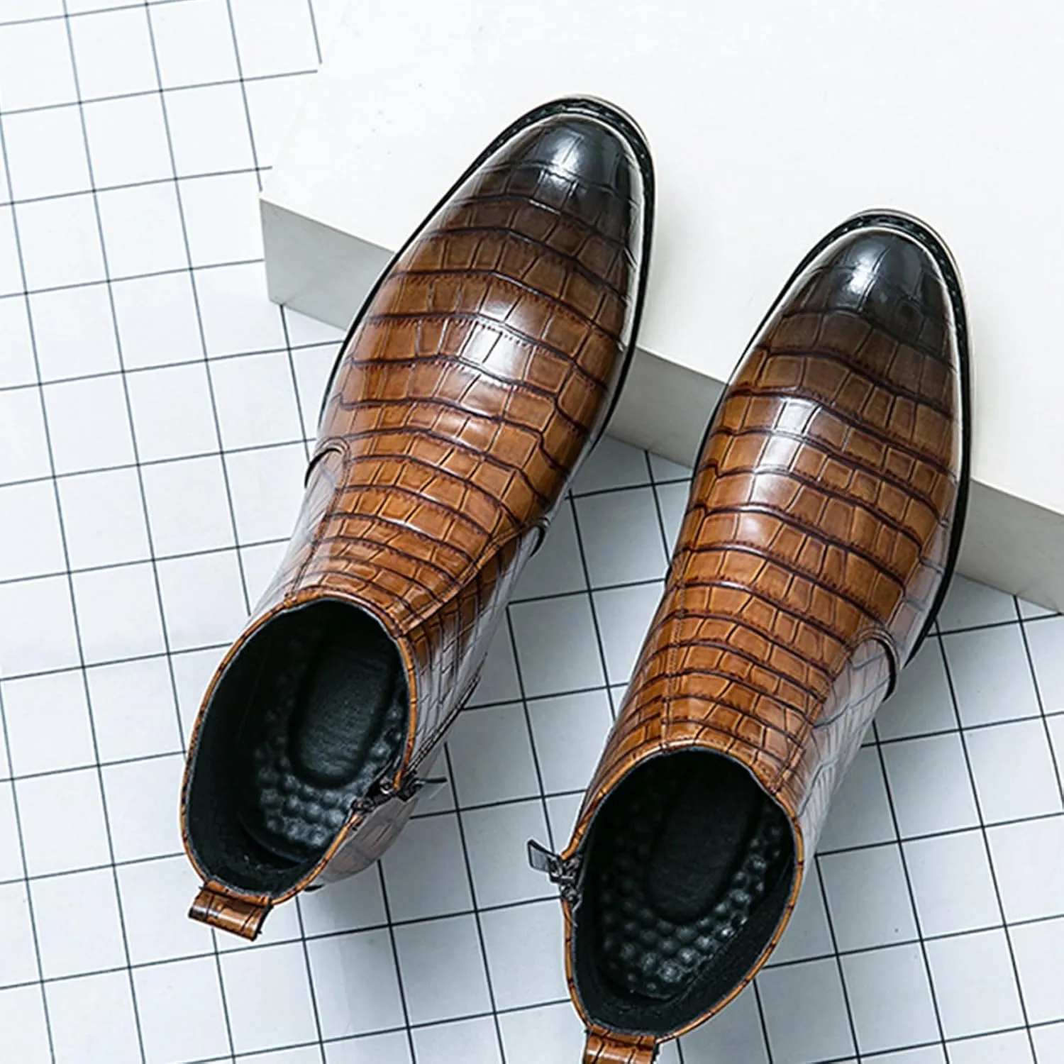 Men's Gradient Patent Leather Print Business Chelsea Boots with Side Zipper, Retro Pointed Toe Low Chunky Heel Non-Slip Formal Short Boots for Business Work Party Ankle Boots