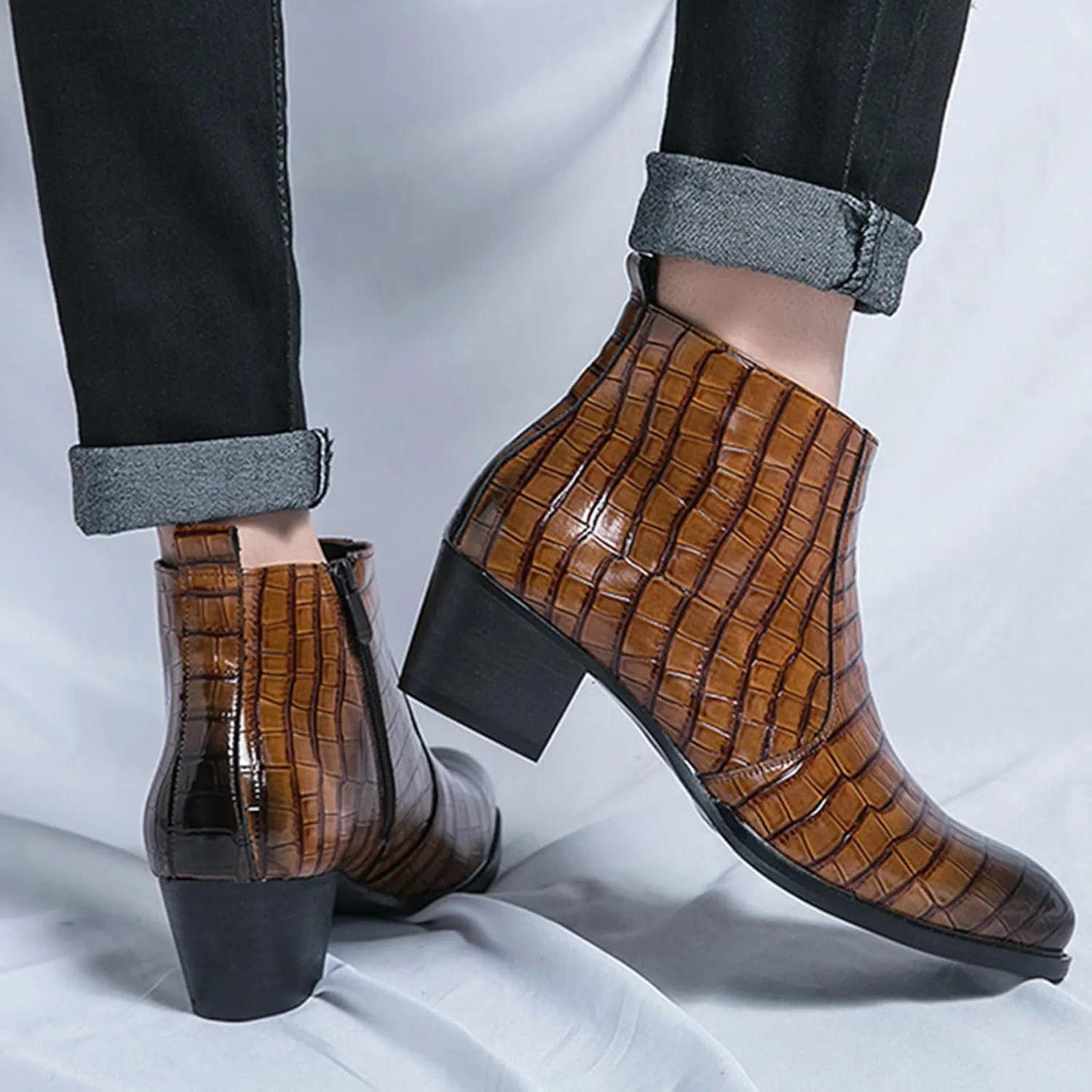 Men's Gradient Patent Leather Print Business Chelsea Boots with Side Zipper, Retro Pointed Toe Low Chunky Heel Non-Slip Formal Short Boots for Business Work Party Ankle Boots