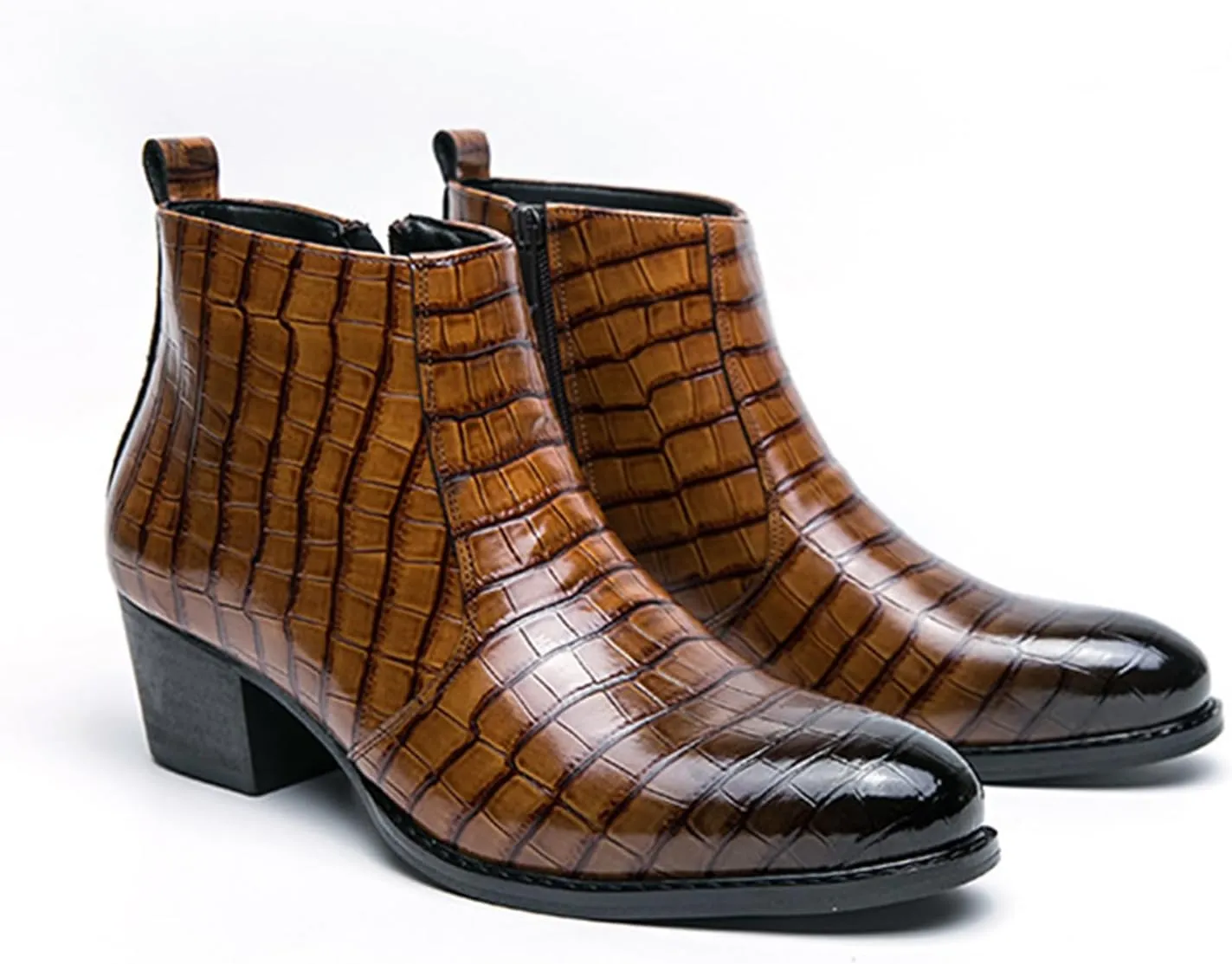 Men's Gradient Patent Leather Print Business Chelsea Boots with Side Zipper, Retro Pointed Toe Low Chunky Heel Non-Slip Formal Short Boots for Business Work Party Ankle Boots