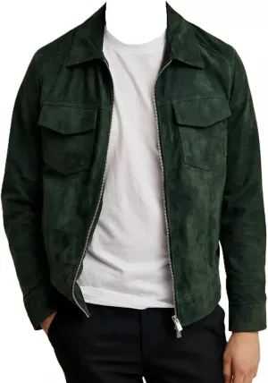 Men's Green Suede Leather Jacket Biker Jacket Casual Wear Shirt