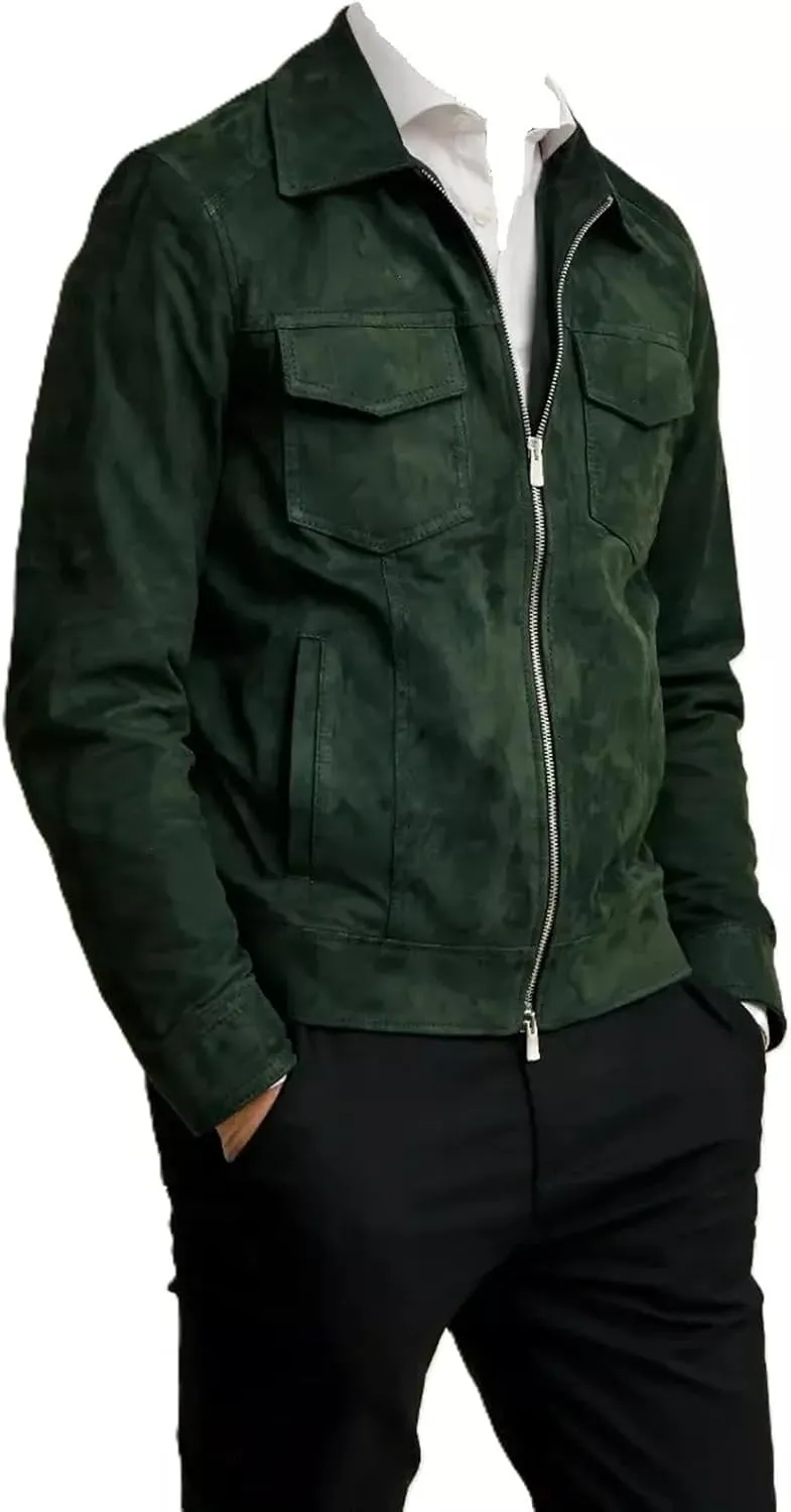 Men's Green Suede Leather Jacket Biker Jacket Casual Wear Shirt